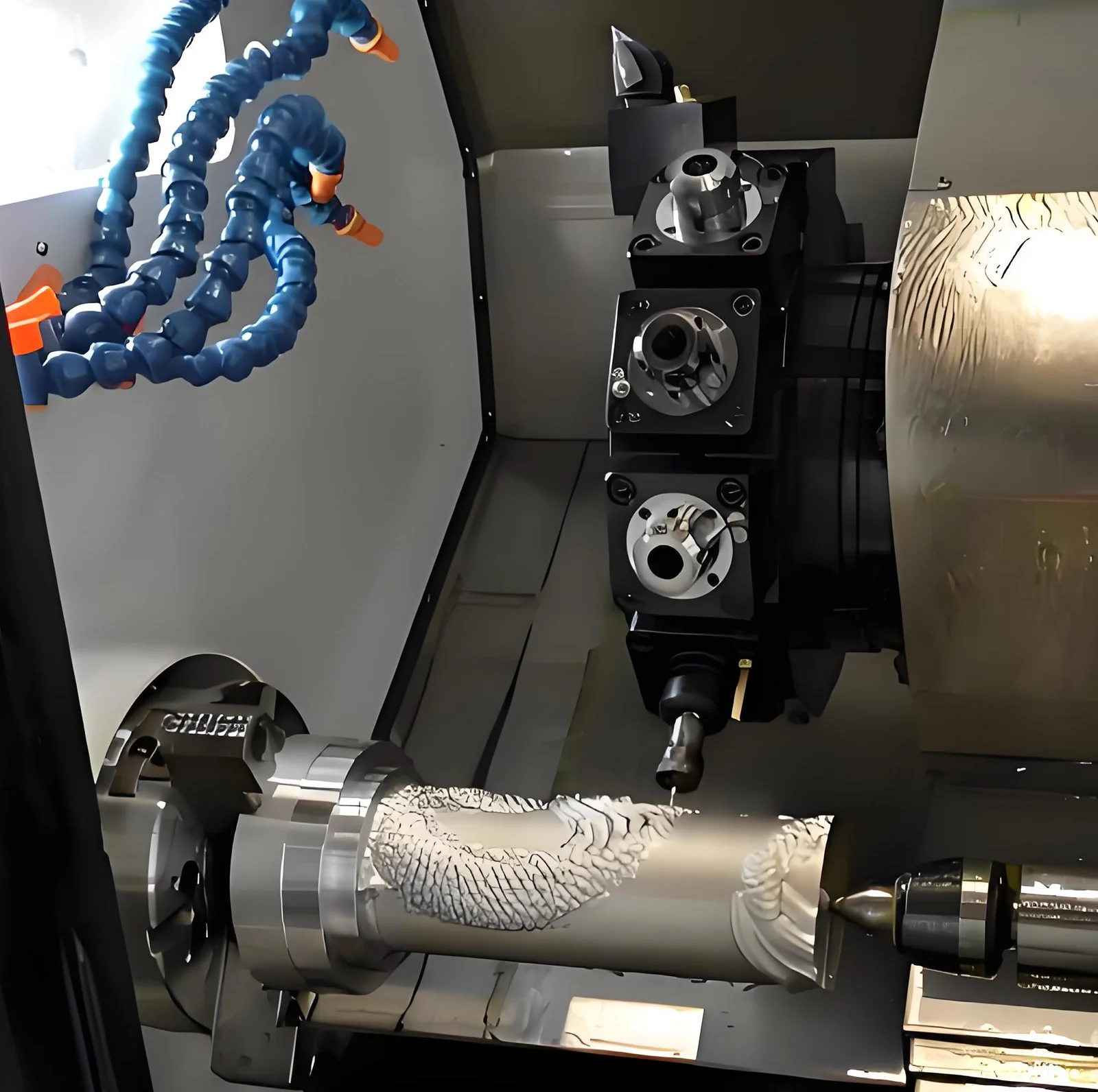 CNC mill-turn machining metal part in process, showing multi-axis precision cutting, complex geometry, and advanced manufacturing technology.