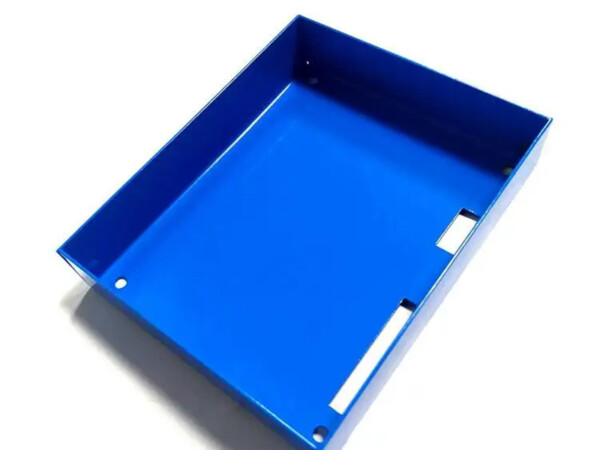 Sheet metal fabricated part with blue printed surface finish for customized appearance