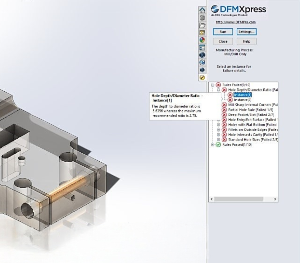 DFMxPRESS manufacturability analysis tool checking design for manufacturability in injection molding, machining, sheet metal and more