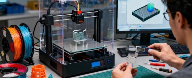 FDM 3D printer creating high-precision plastic parts — fused deposition modeling printing process for custom prototypes and functional components.