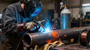 Skilled worker performing sheet metal welding — manual MIG and TIG welding process for high-precision custom metal fabrication.