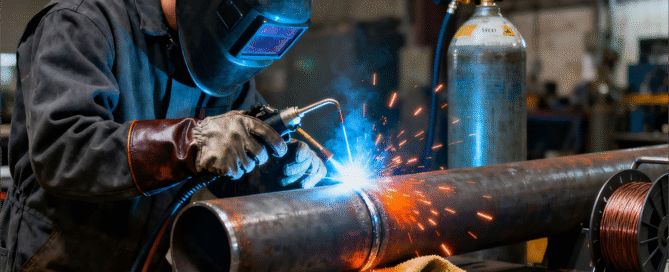 Skilled worker performing sheet metal welding — manual MIG and TIG welding process for high-precision custom metal fabrication.