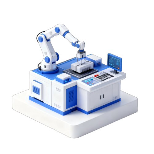 Animated style image of an automated production line showing machinery and workflow in a modern manufacturing process.