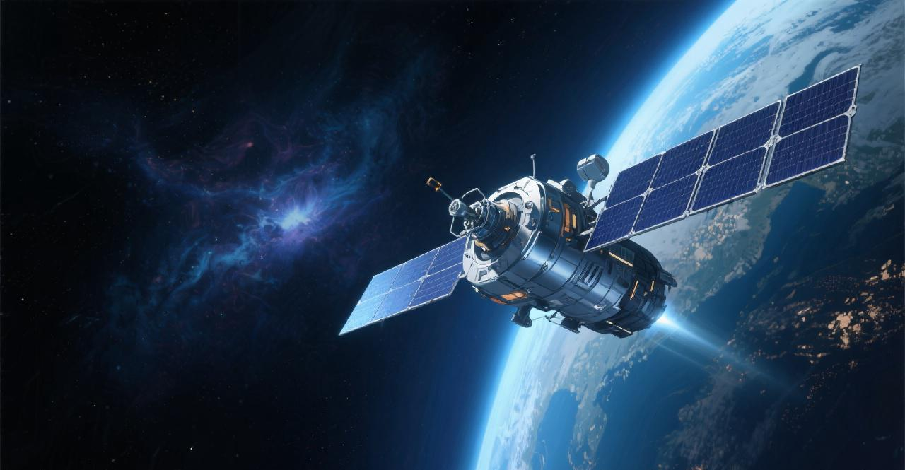 Aerospace industry satellite illustration showing precision-engineered components, advanced satellite technology, and custom aerospace manufacturing.