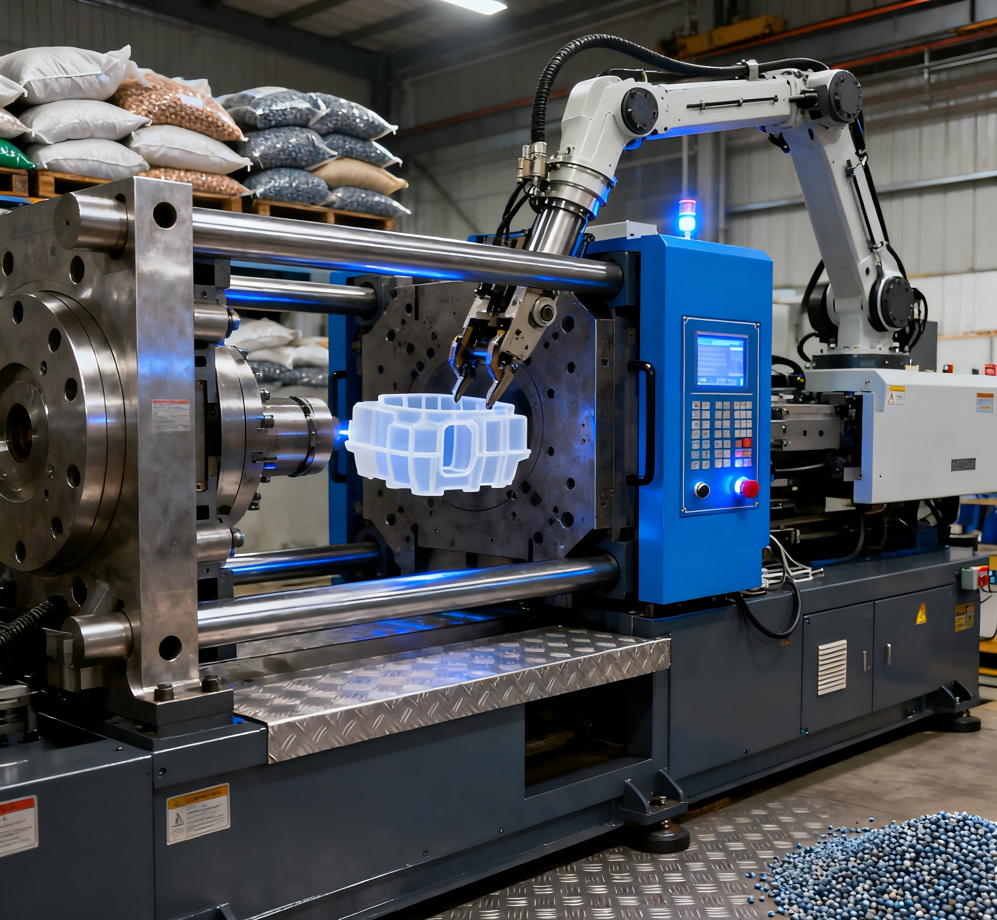 Injection molding machine producing plastic components