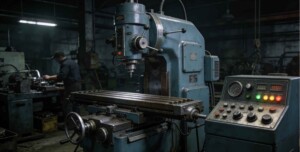 Vintage manual milling machine and early CNC control panel in an industrial workshop, representing the history and evolution of CNC machining