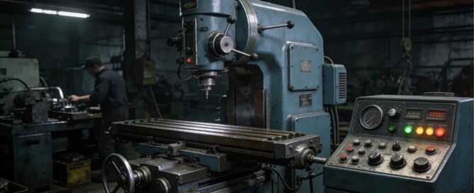 Vintage manual milling machine and early CNC control panel in an industrial workshop, representing the history and evolution of CNC machining