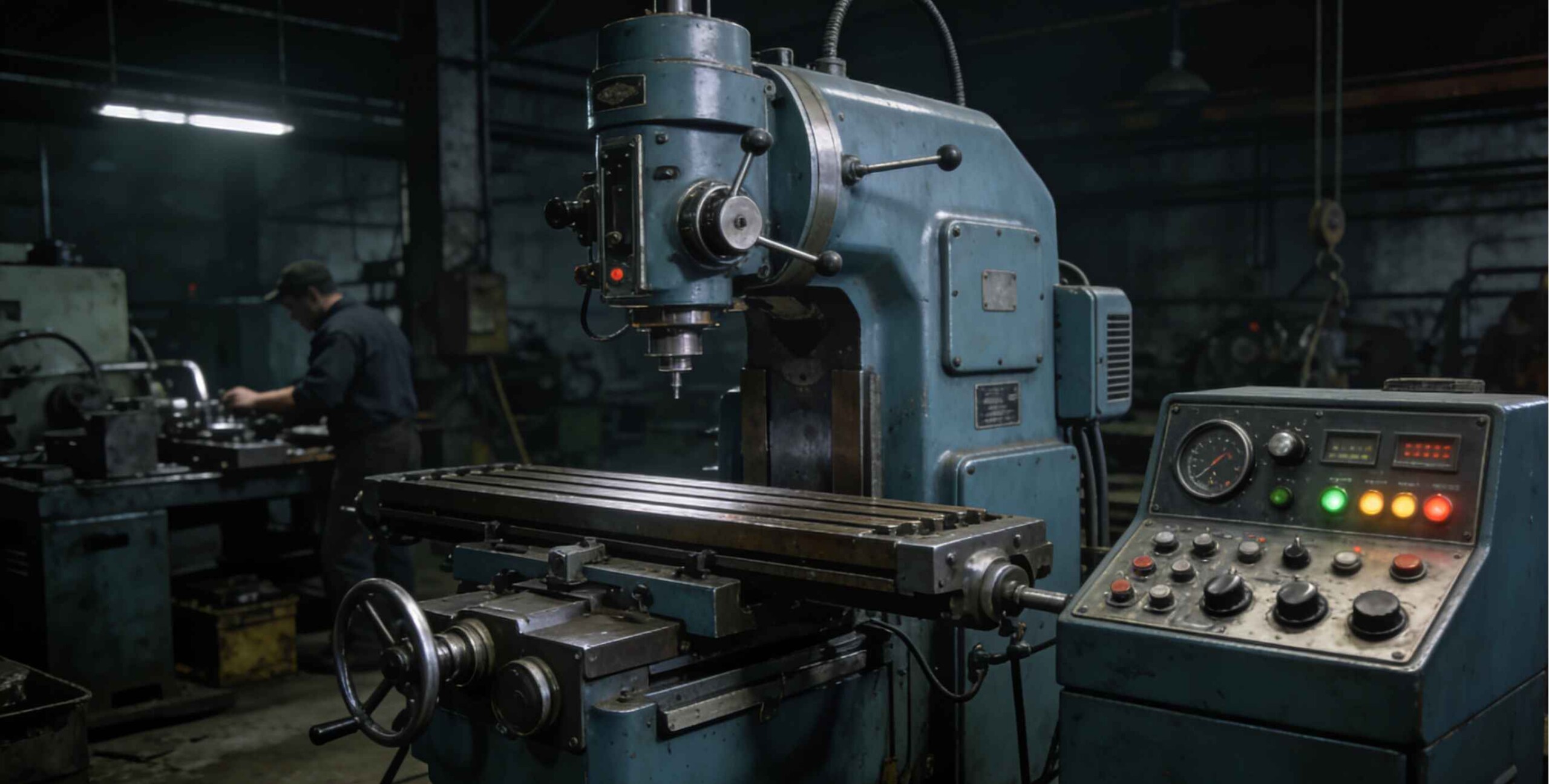 Vintage manual milling machine and early CNC control panel in an industrial workshop, representing the history and evolution of CNC machining