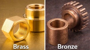 Brass vs Bronze comparison showing CNC machined brass fittings and bronze mechanical components, highlighting color, texture, and typical industrial applications