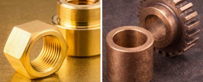 Brass vs Bronze comparison showing CNC machined brass fittings and bronze mechanical components, highlighting color, texture, and typical industrial applications