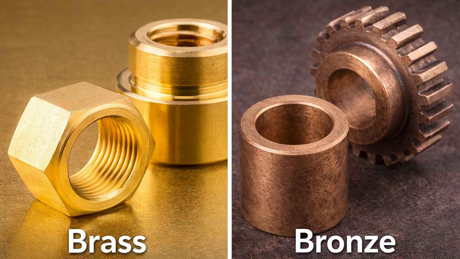 Brass vs Bronze comparison showing CNC machined brass fittings and bronze mechanical components, highlighting color, texture, and typical industrial applications