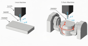 Diagram comparing 3-axis linear movement with 5-axis CNC including A and C rotational axes.