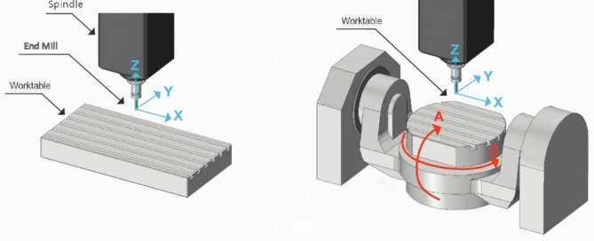 Diagram comparing 3-axis linear movement with 5-axis CNC including A and C rotational axes.