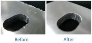 CNC machined parts showing burrs on edges before and after deburring