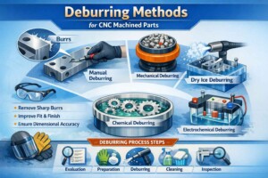 Illustration showing common deburring methods for CNC machined parts, including manual deburring, mechanical deburring, dry ice deburring, chemical deburring, and electrochemical deburring, with burr removal process steps.