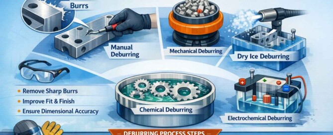 Illustration showing common deburring methods for CNC machined parts, including manual deburring, mechanical deburring, dry ice deburring, chemical deburring, and electrochemical deburring, with burr removal process steps.