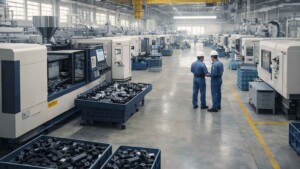 Industrial injection molding factory with high-tonnage machines producing plastic parts for mass production