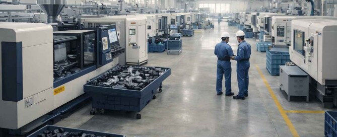 Industrial injection molding factory with high-tonnage machines producing plastic parts for mass production