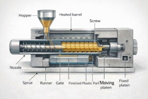 Injection molding process diagram showing molten plastic injected into mold cavity with screw, runner, and gate system