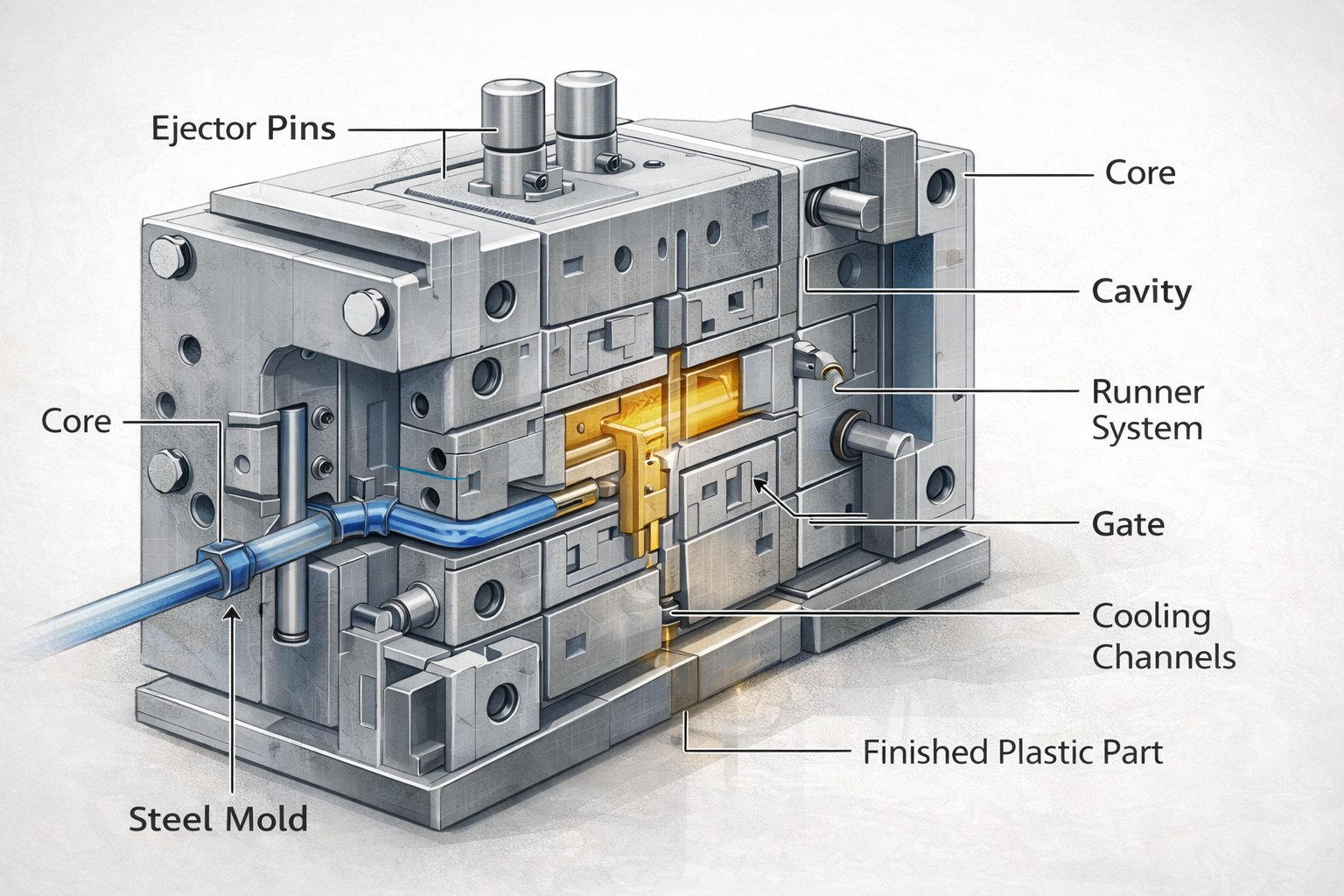 Injection mold structure and rapid tooling design for plastic part production