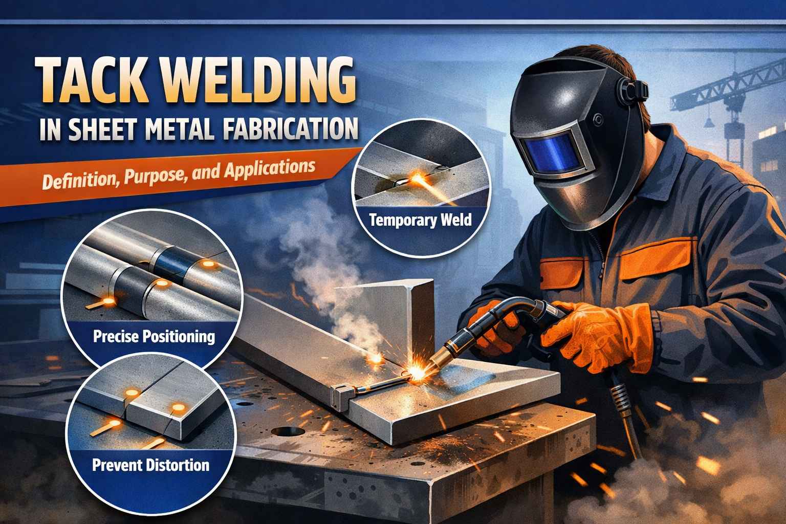 Tack welding process used to temporarily fix sheet metal components before final welding in industrial fabrication