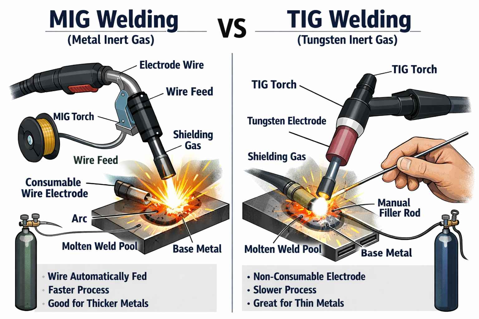 MIG welding vs TIG welding comparison showing different arc welding processes