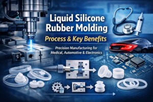 Liquid silicone rubber molding machine in operation producing precision parts showing process and benefits of LSR molding