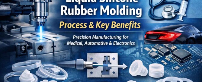 Liquid silicone rubber molding machine in operation producing precision parts showing process and benefits of LSR molding