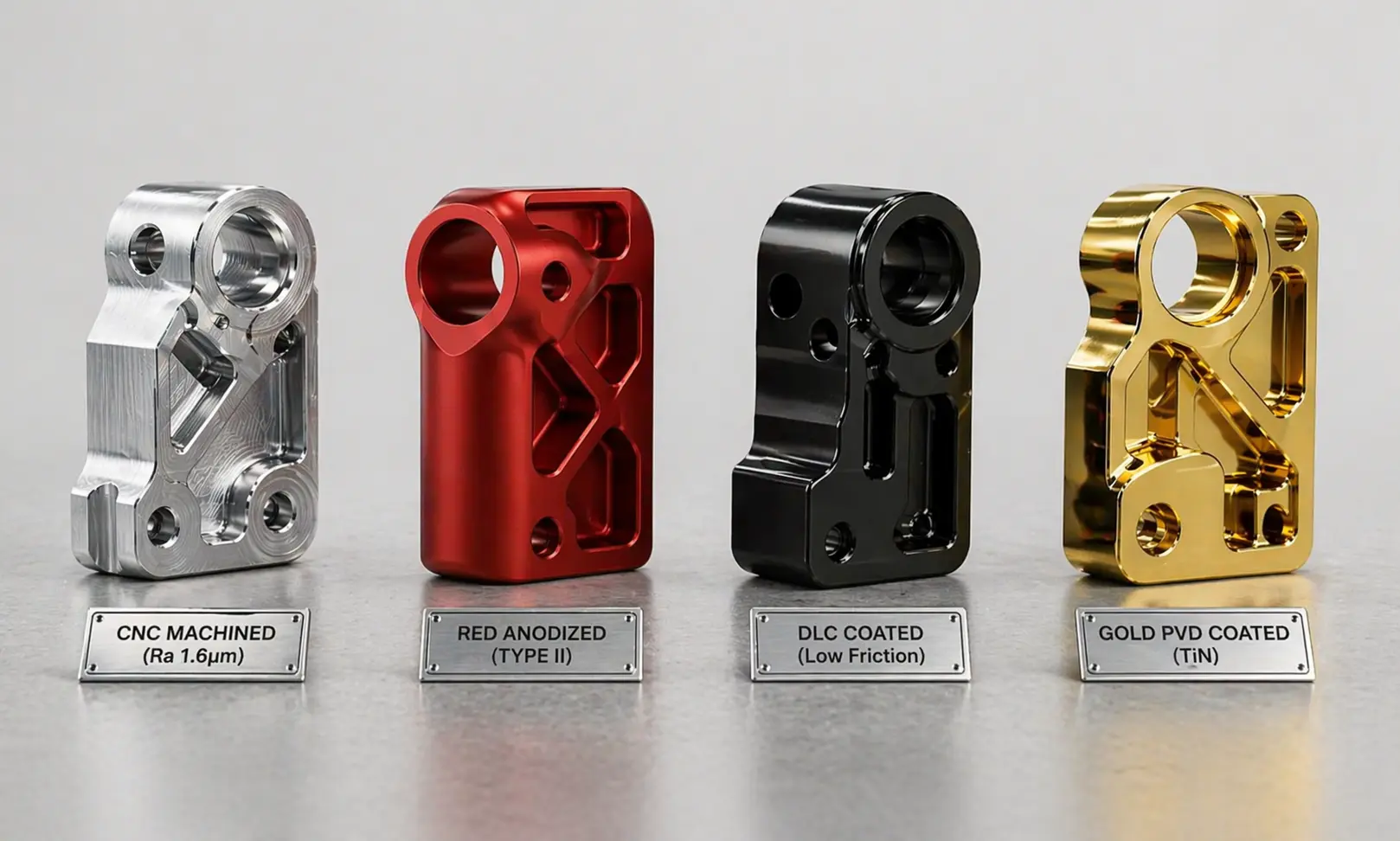 CNC machined metal parts comparing dark and metallic surface finishes