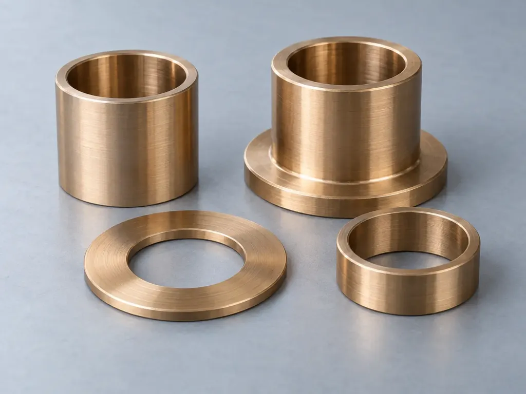 Illustrative CNC turned bronze sleeve and flanged bushings with a thrust washer